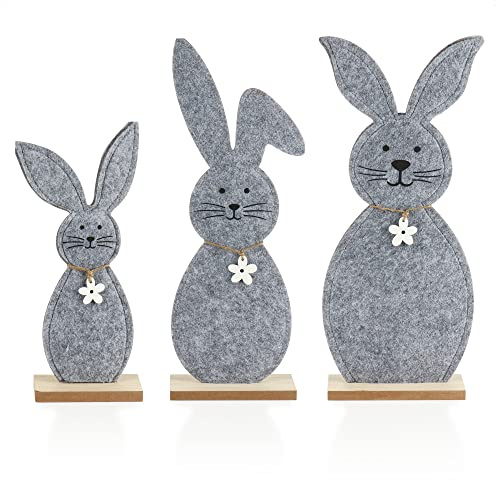 com-four® 3X Deko Aufsteller für Ostern, Niedliche Filz-Osterhasen | Osterdeko zum Hinstellen - Osterdekoration aus Holz und Filz