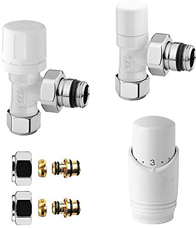 Valvola termostatica e detentore ½ in acciaio dalle diverse colorazioni, COMPLETI di termostato con sensore a liquido e raccordi per rame o multistrato (Multi 16x2, Bianco)