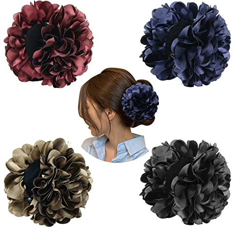 Cinaci Haarklammern aus Kunststoff, mit großer Satin-Blume, Schleife, Haarspangen, Pferdeschwanz, Dutt, Chignon-Halter, Haarschmuck für Damen und Mädchen, Schwarz, 4 Stück