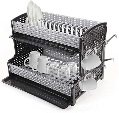 VIOLET Escurridor de Platos, Escurreplatos de Plástico, Escurridor 2 Niveles con Bandejas extraíbles, Textura Ratán (Gris y Negro) (0734)