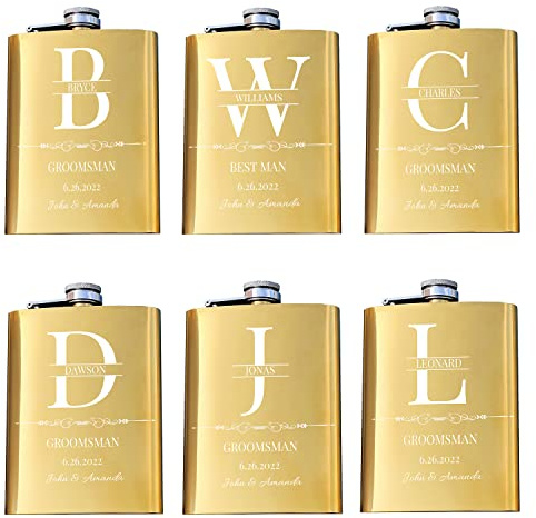 Set mit 6 Trauzeugen, Geschenke für Hochzeit, personalisierter Trauzeugen-Fläschchen, individuelle Gravur, 237 ml, 304 Edelstahl, für Junggesellenabschied, Hochzeitsgeschenk-Set, Gold