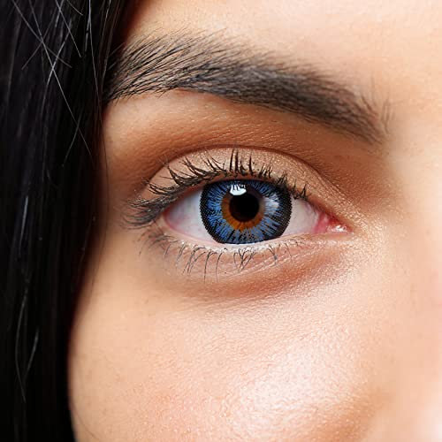 Kontaktlinsen farbig blau ohne Stärke | blaue farbige Jahreslinsen | weiche Linsen soft Hydrogel | 2 Stück Farblinsen + Linsenbehälter | 0.0 Dioptrien | natürliche Farben | Serie Adore Blue