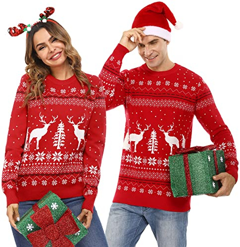 Totatuit Maglione di Natale Donna Uomo Maglione Natalizio Famiglia Coppia Pullover Maglione Natalizi Manica Lunga Girocollo Invernale Rosso L