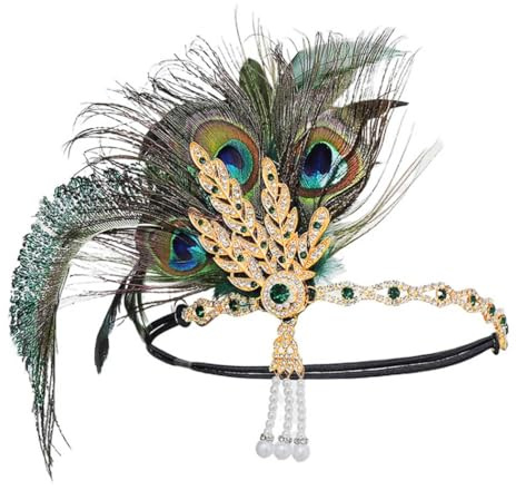 IYOU Pfau Feder Gatsby Kopfbedeckung Schwarz Kristall Flapper Stirnbänder Abschlussball Kostüm Hochzeit 1920 Haarschmuck für Damen