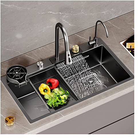 Evier Inox Professionnel 304 noir, Evier Buanderie, Cuisine, Évier à cascade Nano Raindance avec robinet rétractable, eau chaude et froide, Mobilier de luxe léger
