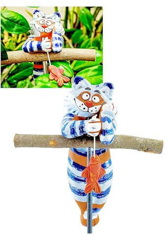 Midene Gartenstecker Keramik Handgefertigt - Gartendeko für Draußen Wetterfest - Garten Deko Keramik - Gartenfiguren & Gartenstatuen - Katze Felix mit Fisch