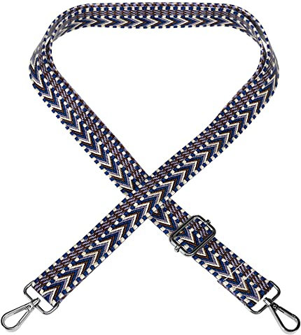 EAZY CASE - Verstellbarer Taschengurt, Ersatz Gurt für Handtaschen, Schulterriemen für Umhängetaschen, dünner Riemen für Taschen und Tragetaschen, DIY Taschenband, Zig Zag - Blau Weiß Metal Silber