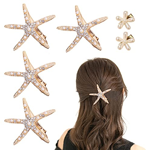 4 Seestern und 2 Blumen Haarspangen, Hochzeit Zubehör Diamant Clips, Elegante rutschfeste Haarschmuck für Mädchen, Blumenmädchen