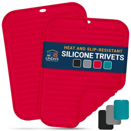 Linda's Essentials Silicone Trivets for Hot Pans and Pots (2 Pack) - Multipurpose Silicone Heat Resistant Mat and Pot Holder Trivet (30 x 23cm) - Heatproof Mats for Kitchen (Red)
