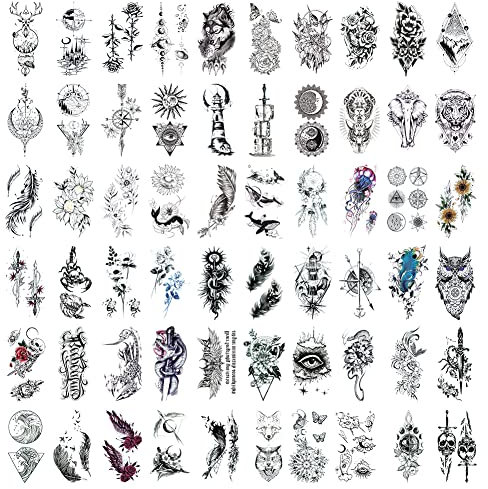 60 Blätter Schwarz Tiny Tattoo Aufkleber, Wasserdicht Schwarz Tiny Mixed Style Body Art Temporäre Tattoos, 3D Stammestiere Schmetterling Anker Kompass Für Männer Frauen Hals Arm Hände
