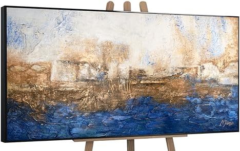 YS-Art Abstrakt Acryl Gemälde auf Leinwand Marine handgemalt Wandbilder Wohnzimmer modern Wohndekor Bilder Büro blau gold minimalistisch echte Kunst mit Rahmen 120x60 cm