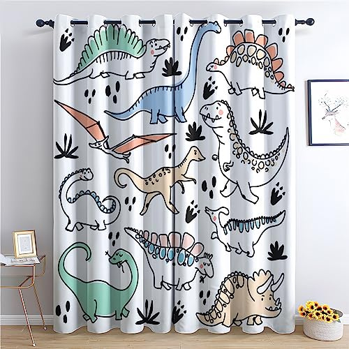 Rideau Occultant Thermiques Dinosaure Enfant - Lot de 2 Rideaux Imprimé pour Salon Chambre Fenetre Cuisine, Rideaux et Draperies Intérieurs à Oeillets, 75x166 cm (LxH)