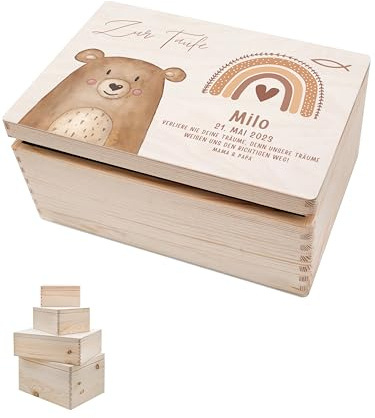 wunderwunsch - Personalisierte Erinnerungsbox Baby mit Hochwertigem Druck - Individuelle Erinnerungsbox - Niedliche Erinnerungskiste aus Holz - Geschenk zur Geburt Bär S-Klappdeckel