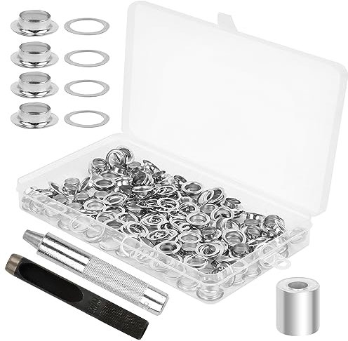 100 Sets Ösen Set, Grommet Werkzeug Kit, Ösen Scheiben Ösenwerkzeug, Ösen Grommet Werkzeug Kit 10mm, mit 3tlg Werkzeugset, für Schuhe, Gepäck, Leder, Plane, Zelte, Markisen, Taschen (10mm)
