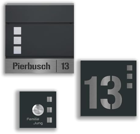 Jung Edelstahl Design Briefkasten Set Köln anthrazit RAL 7016 incl. Türklingel und Hausnummer. Individuell personalisierbar