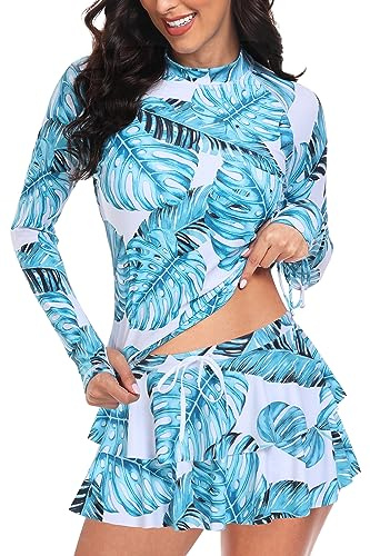 UNIQUEBELLA Rash Guard Swimsuit for Women,Long Sleeve Sports Surf Swimsuit Swimming Costume Set for Tops +Skirts