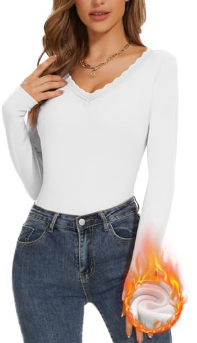 WOWENY Thermo Langarmshirt Damen Warme Pullover Winter Lace V Ausschnitt Thermoshirt Damen Langarm Unterhemd Funktionsshirt