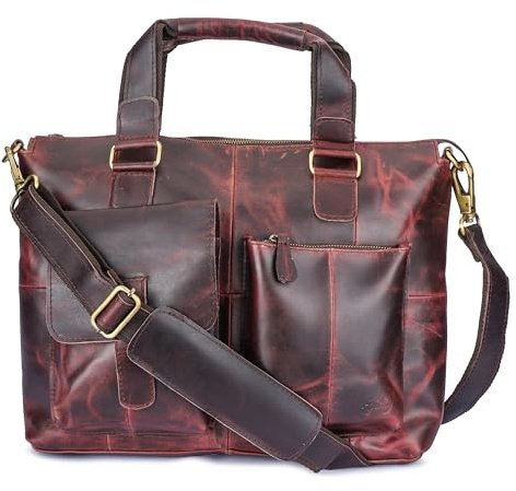 Ajuny handgjorda läder 16 tum Vintage Messenger Bag Laptop Portföljväska för College Office Travel Justerbar axelrem Satchel Crossbody-väska för män och kvinnor, rödbrun - 16 tum