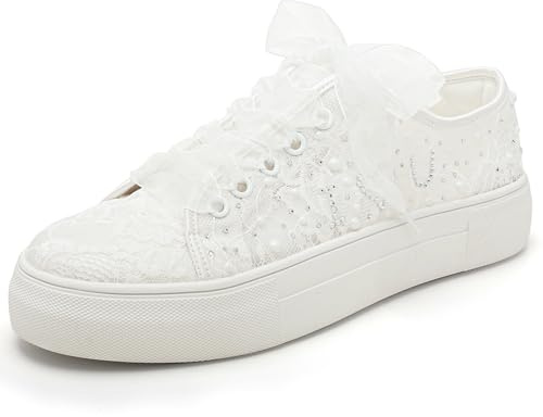 Elivandon 9996 Chaussures de Mariage Lace Bridal Sneakers 3,7cm Plate - Forme Bridal Tennis Strass Brillant Chaussures de Mariage Couleur Ivoire,Taille 35 EU (2.5 UK)