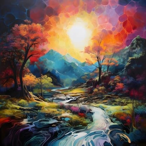 adrium Acryl-Bild 40 x 40 cm: Bunte Herbstlandschaft mit Fluss, Wald und Sonne. Digitale Zeichnung (210183780)