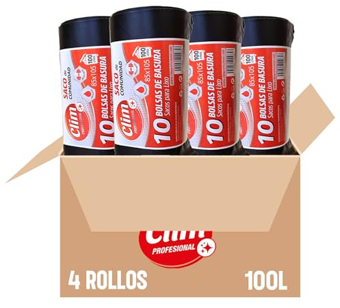 Clim Profesional 40 Bolsas Basura Resistentes 100 Litros. Color Negro. 4 Rollos de 10 bolsas. 40 Sacos de Bolsas de Comunidad 850x1050 mm.