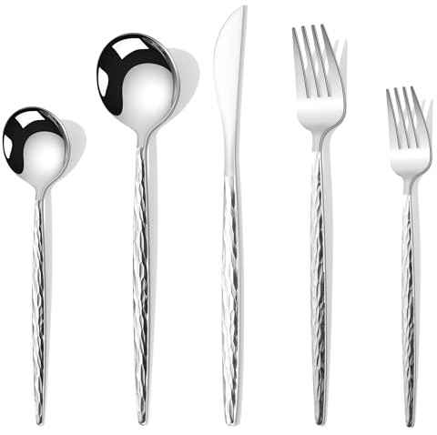 Joincook Hammered Silverware Set,30 Piece Stainless Steel Flatware Set for 6,Modern Cutlery Set,Includes Spoon Fork Knives Set,Home Kitchen and Restaurant,Dishwasher Safe (Silver)