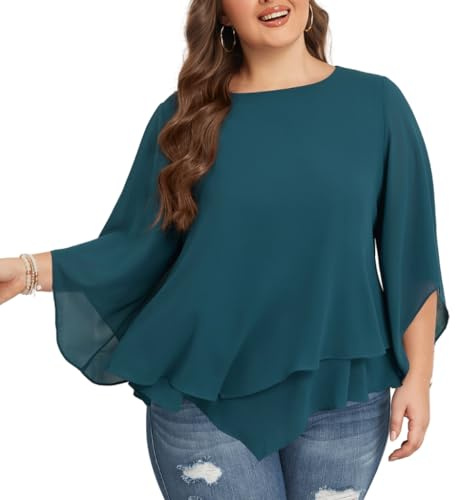Hanna Nikole Damen Große Größen Chiffon Blusen 3/4 Ärmel Doppellagige Hemd Flowy Elegant Tops Lose Long Shirt