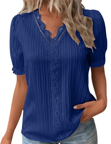Tee Shirt Femme Col V Dentelle Tunique Femme Grande Taille été Léger Chemise Femme Chic Et élégant Manche Courte Blouse Top Haut Femme Ete Fluide Pas Cher Fashion Soiree (Navy, S)