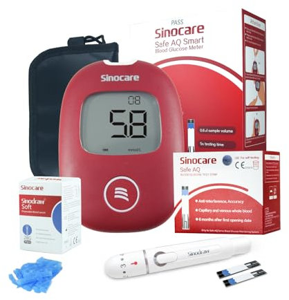 Sinocare Safe AQ Smart Blood Glucose Monitor Portable Diabetes Testing Kit with Test Strips x50 Lancing device x50 and Carry Case, Easy-Reading Blood Glucose Meter Self-monitoring Blood Sugar Tester