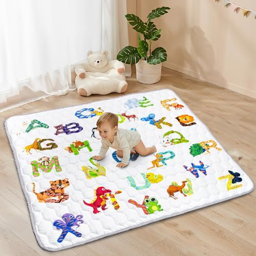 Funsland Krabbelteppich für Baby, Rutschfeste Baby Spielmatte Schadstofffrei 127x127cm, Baumwolle Tier Krabbelmatte Baby Faltbar mit Einem Höhenlineal, Kinder Spielmatte für Innen/Außen/Zaun