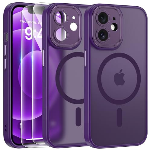 FLLAO Magnétique Coque pour iPhone 12 avec 2 Verre Trempé, Compatible avec MagSafe, Protection d'objectif Tout Compris, Etui Mat Arrière Housse Fine Antichoc Case iPhone 12 6.1, Violet Foncé