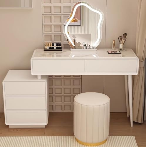 Weißer Schminktisch-Set mit abnehmbarem Spiegel, gepolstertem Hocker und Beistellschrank, eleganter Schminktisch für Mädchen und Damen, Schminktisch für Schlafzimmer, Ankleidezimmer, Hellweiß, 120 x
