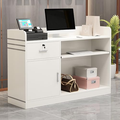 Kleiner moderner Empfangstisch mit abschließbarer Schublade und Türschrank, ideal für Salon, Einzelhandel, Büro, Weiß, 100 cm
