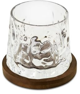 Vaso de whisky giratorio con base de nogal, rotación de cristal pulido a mano para bourbon/escocés, centro de mesa de lujo para bar y camarero (280 ml, sin plomo) (martillo)