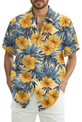 Leinenhemd Herren Bedruckte Kurzarm Businesshemd Hawaii Hemd Männer Lustig Vintage Hemdjacke Sommerhenmd Atmungsaktiv Hawaii Hemd Männer Rosa Button Down Shirts（4-Earthy Yellow，4XL）