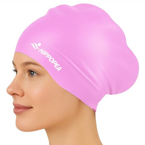 HIPPOPEA Extra Large Silicone Swim Cap for Long Hair, Dreadlocks, Braids, Weaves, Extensions, Curly Afro, 3D Ergonomic Anti Slip Swimming Cap for Women Men Boy Girl (1. Dark Pink - Long Hair)