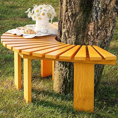Gartenbank aus Holz für den Außenbereich, Hofbänke, Terrassenstuhl, gebogene Bank mit Massivholzrahmen, halbrunde runde Baumbank für Rasen, Hof, Veranda, Terrasse und Poolrand(Wood Color,Round)
