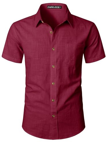 PARKLEES Men's Fitted Cotton Linen Casual Short Sleeve Button Up Shirts Lightweight Beach Tops with Pocket Wine Red L