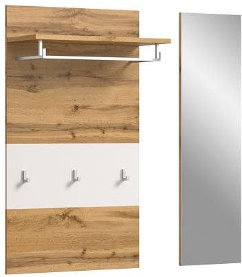 xonox.home - Paneel mit Spiegel Jam 90x106x27 cm in Wotan Eiche und weiß - Eingangsbereich Garderobenschrank Dielenmöbel Flurmöbel - stabile Konstruktion robust und langlebig funktional