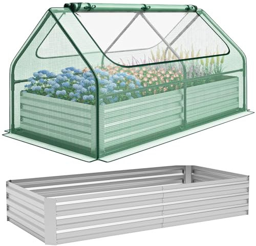 GiantexUK Raised Garden Bed with Greenhouse, 2 in 1 Galvanized Metal Rectangular Elevated Planter Box with Cover & Roll-up Windows, Bottomless Flower Herbs Plants Vegetables Grow Box (Green PE Cover)