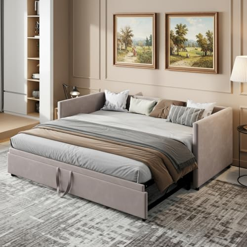 Polsterbett Schlafsofa 90x200 cm, Tagesbett ausziehbar mit Ausziehfunktion, Ausziehbares SchlafsofaTagesbett mit Ausziehbett und Lattenrost aus Holz, Gästebett Daybett, Ohne Matratze (Grau-E)