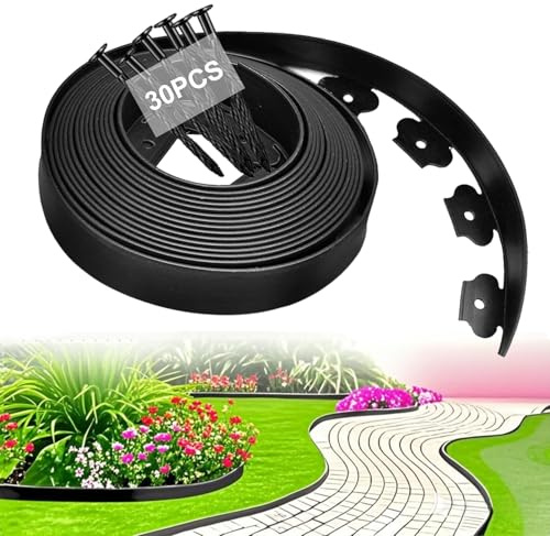 Flexible Rasenkante Kunststoff, Rasenpflaster Pflastersteine Rasengitter Beeteinfassung | Unsichtbare Rasenkantenband für Garten, Terrasse & Beete 10 m Länge × 5 cm Höhe Mit 30 Erdankern, Schwarz