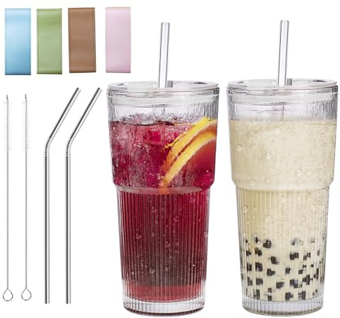 XWXO Glass Cups with Lids and Straws,20 OZ Glass Tumbler Glassware Cups Set of 2, Clear Reusable Iced Coffee Cup for Smoothies, Whiskey, Soda, Juice, Hot and Cold Drinks, Dishwasher Safety