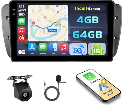 Hikity 4G+64G Android 15 Autoradio 9 pour Seat Ibiza CarPlay | Wireless CarPlay. Android Auto. WiFi. FM/RDS. BT. Caméra + MIC