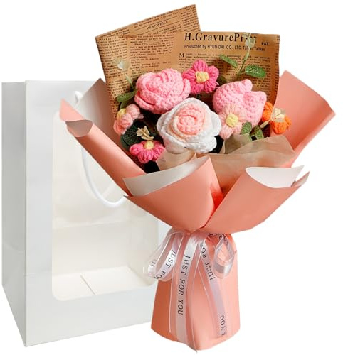 DecoRoom Crochet Flowers Bouquet, Flowers Delivery Prime Hand Knitted Flower Bouquet, Flower Gifts for Women, Mother's Day, Birthdays, Anniversary, Weddings - Pink Tulip