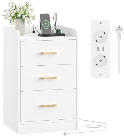 FirFurd Nachttisch Nachtschrank mit Steckdosenleiste & 3 Schubladen | Beistelltisch mit 2 AC-Steckdosen, 2 USB-Anschlüsse, 1,5 m Netzkabel, für Schlafzimmer Wohnzimmer Büro, 40x38x66cm, weiß