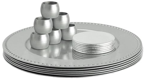 Argon Tableware Assiettes de Présentation Rondes avec Sous-verres & Ronds de Serviette - 33cm - Perle d'Argent - 18pc Réutilisable Dur Plastique Mise en Place de la Table du Dîner Mariage Fête