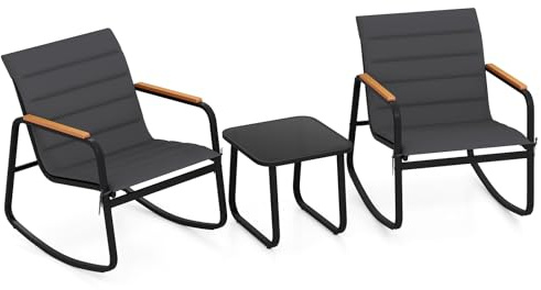 GIANTEX Set da Giardino 3 Pezzi, Gruppo di Sedute con 2 Poltrone a Dondolo e Tavolo in Vetro, Set Bistro per Mobili con Cuscini Morbidi e Struttura in Metallo (modello 2)