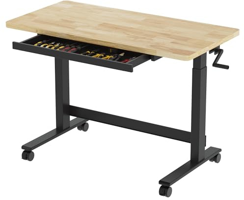 FLEXIMOUNTS 47.2 x 23.6 Adjustable Height Workbench with Hand Crank, Drawers & 360° Wheels – Rubber Wood Top Heavy-Duty Workstation & Steel Frame for Garage, Studio, Kitchen or Workshop