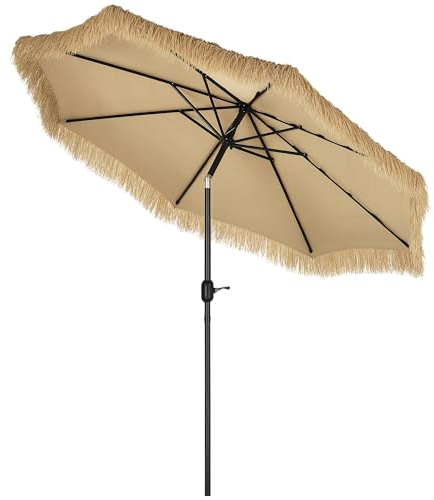 Outsunny Parasol de Jardin Extérieur à Franges 2,65 m Inclinable, Kaki | Ouverture Fermeture Manivelle, Toile 180 g/m², 8 Baleines, Style Hawaïen, pour Balcon, Piscine, Terrasse
